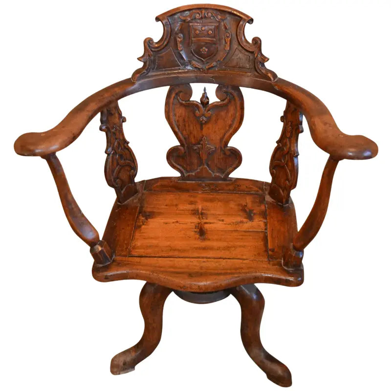 19th Century Swiss Hand Carved Wood Swivel Desk Chair CalaVie