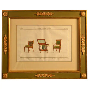 19th Century Framed Handcolored Engraving of Furnishings
