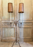 Unique Iron Floor Lamp with rawhide hand- stitched lamp shades.