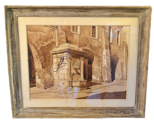 Framed Watercolor Drawing Of A Fountain