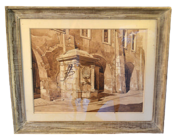 Framed Watercolor Drawing Of A Fountain