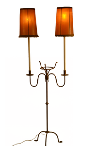 Unique Iron Floor Lamp with rawhide hand- stitched lamp shades.