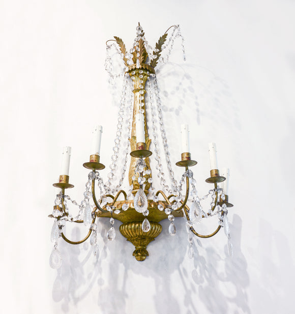 Pair of Italian Giltwood and Crystal Sconces