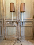 Unique Iron Floor Lamp with rawhide hand- stitched lamp shades.